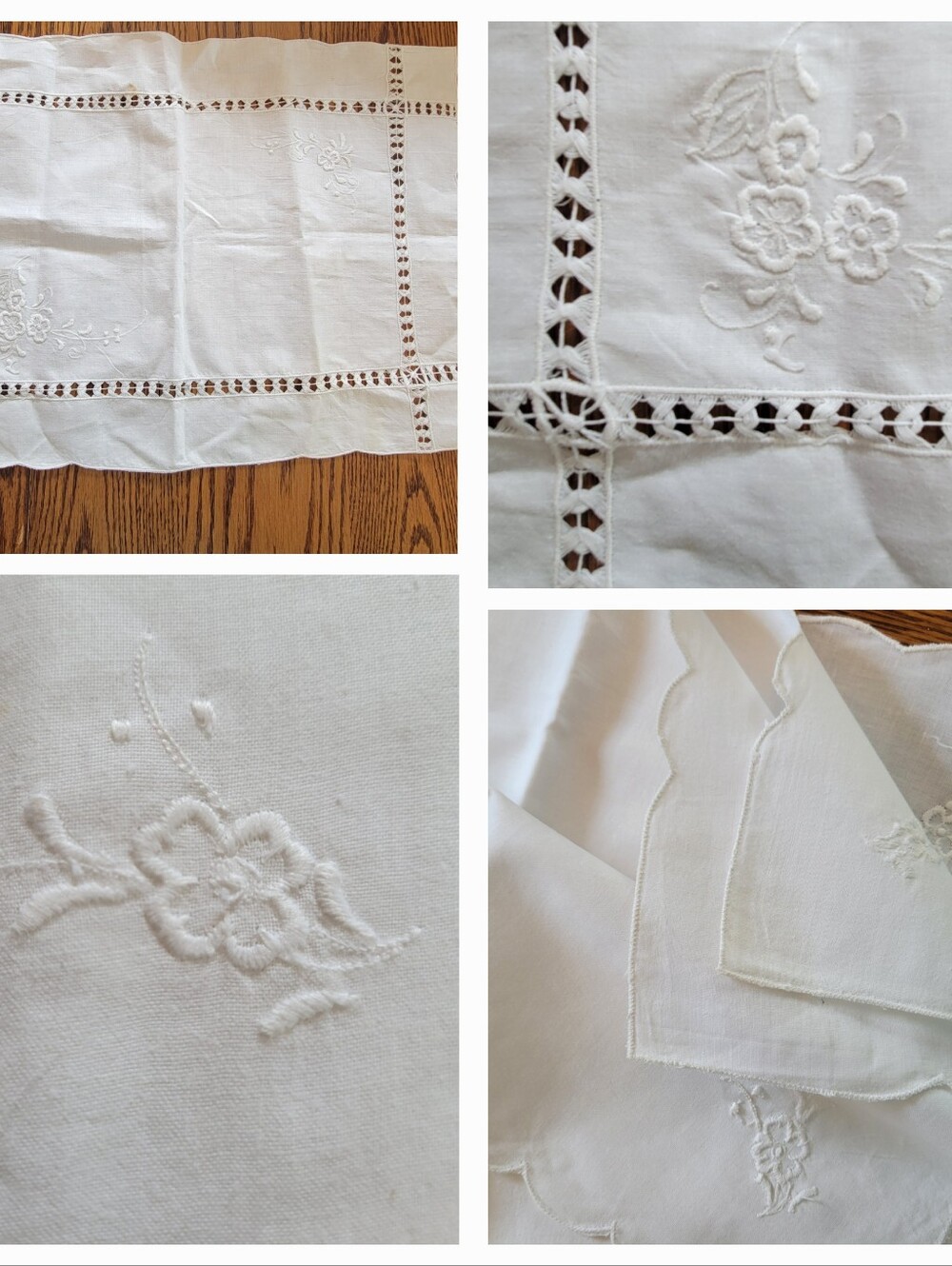 Vintage White Floral Embroidered Table Linens ~ 4 Napkins 1 Placemat